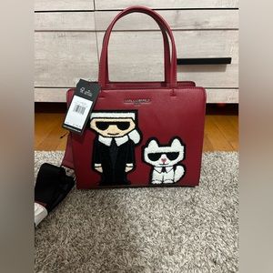 Karl Lagerfeld Maybelle Red Top Handle Satchel Crossbody Bag Sherpa Logo